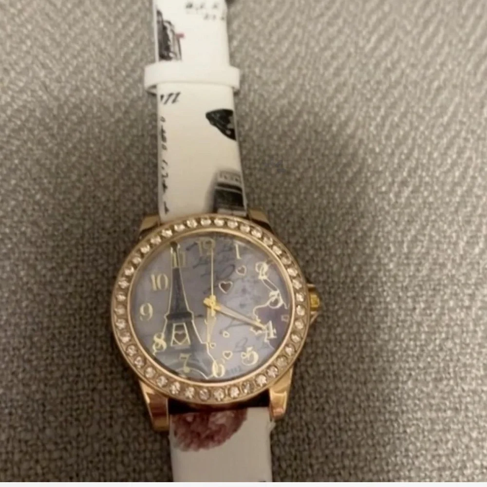 Paris Eiffel Tower Watch Gold Tone Crystal Romantic Rose Print French l Quartz